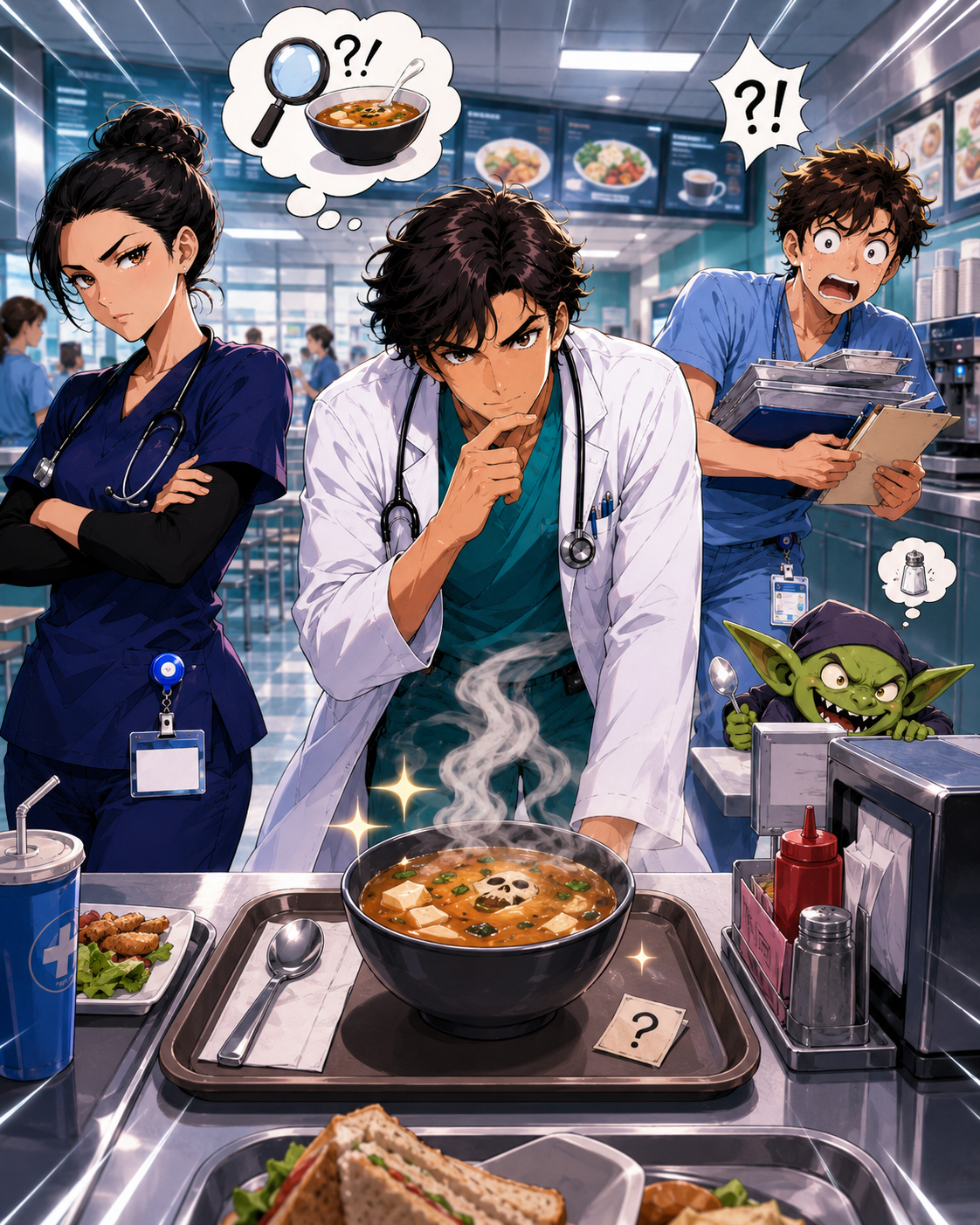 The HospitalDaily cast investigating a mysterious bowl of cafeteria soup.
