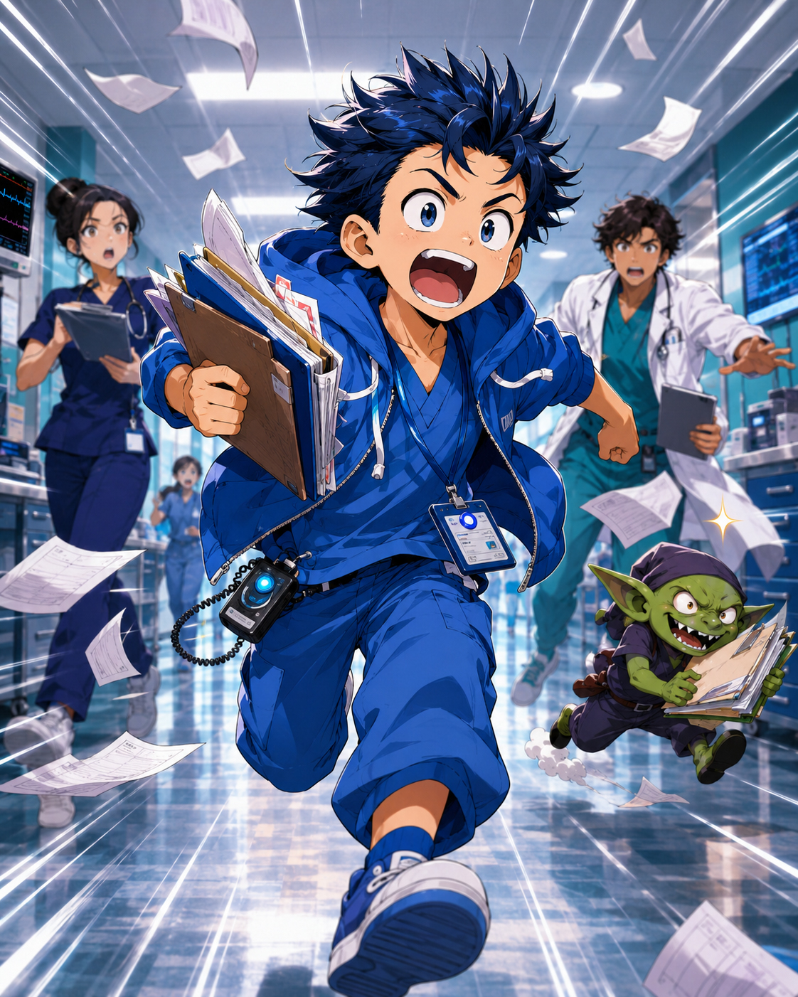 Code Blue Boy running down a hospital hallway with papers flying.