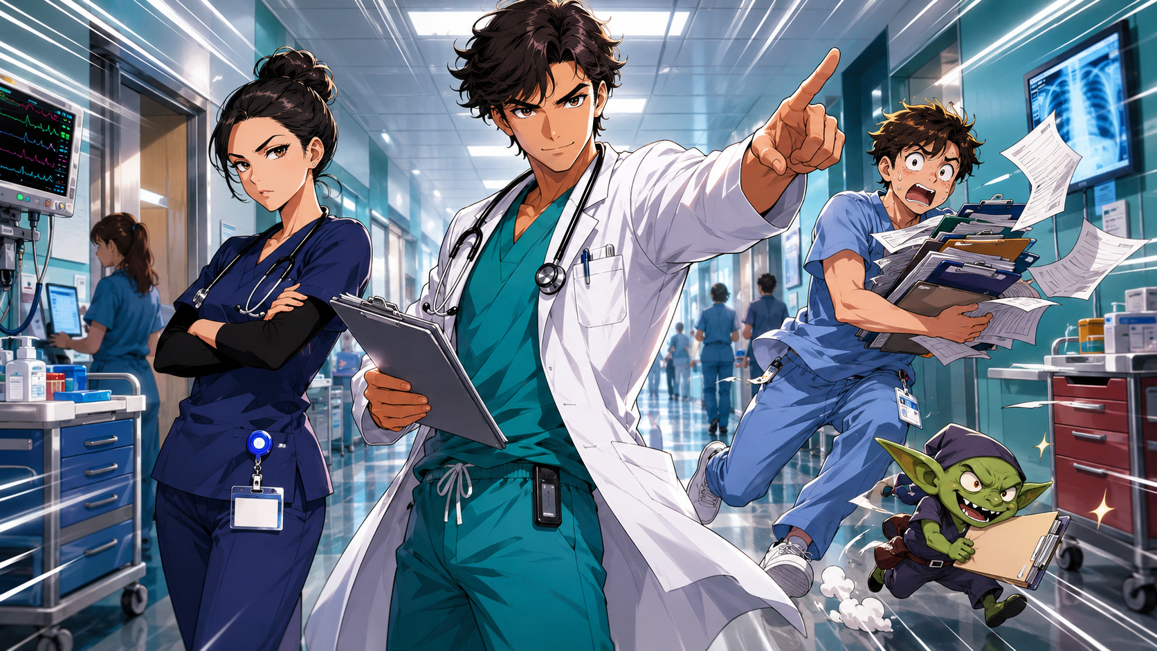 The HospitalDaily cast racing through a dramatic hospital hallway with comedy manga energy.