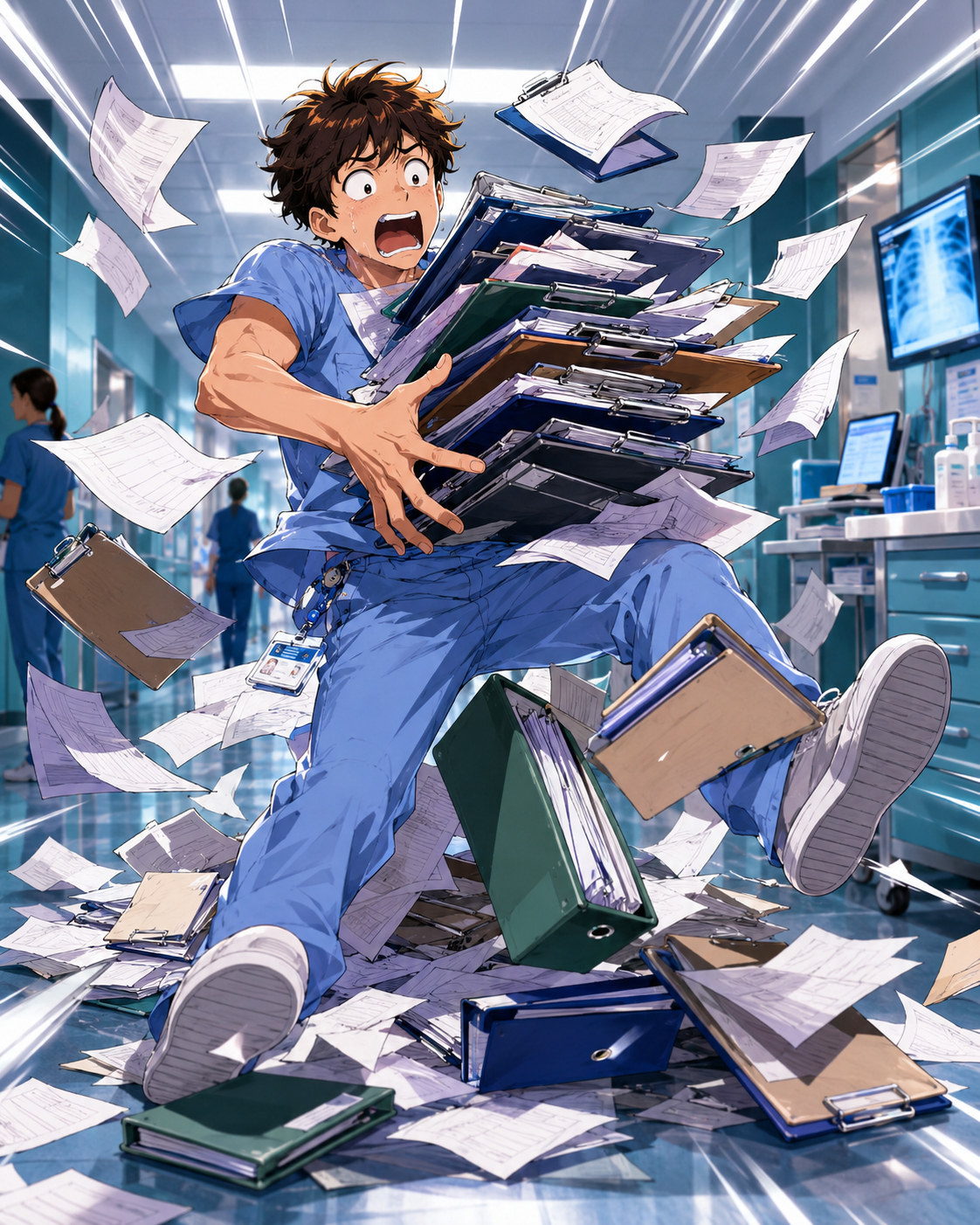 Intern Panic buried in paperwork.