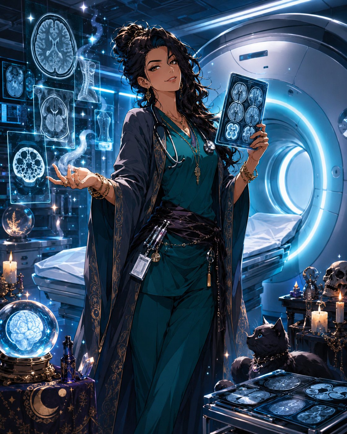 Madame MRI in a glowing imaging room.