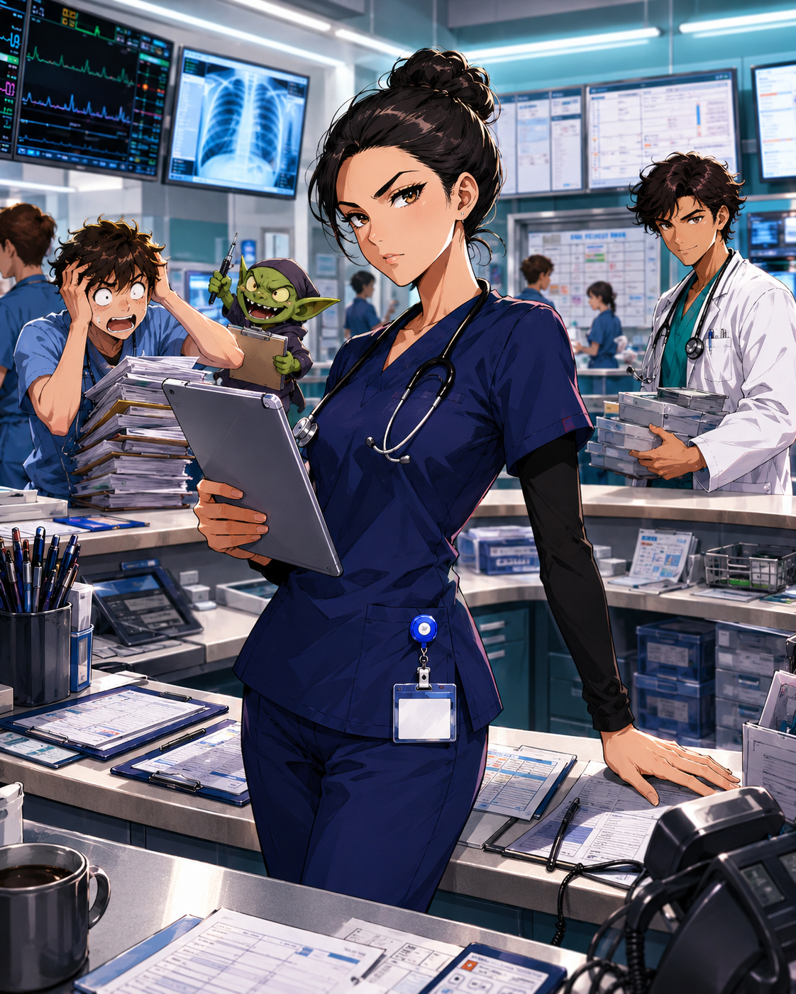 Nurse No-Nonsense running the hospital command center.